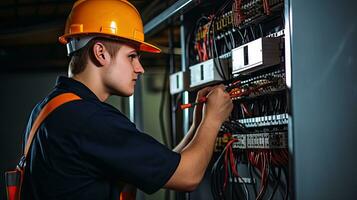 electricista ingeniero con plan a cheque eléctrico suministro en frente de controlar fusible tablero de conmutadores foto