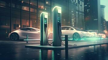 ev cargando estación para futuro eléctrico carros en el concepto de verde energía y ecológico energía foto