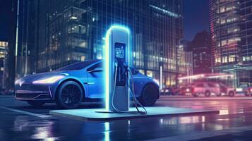 EV charging station for future electric cars in the concept of green energy and ecological energy photo