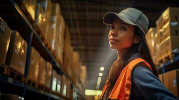 Professional female worker wearing a hard hat checks stock and inventory. Retail warehouse full of shelves photo