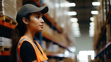 Professional female worker wearing a hard hat checks stock and inventory. Retail warehouse full of shelves photo