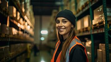 Professional female worker wearing a hard hat checks stock and inventory. Retail warehouse full of shelves photo