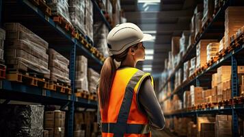 Professional female worker wearing a hard hat checks stock and inventory. Retail warehouse full of shelves photo