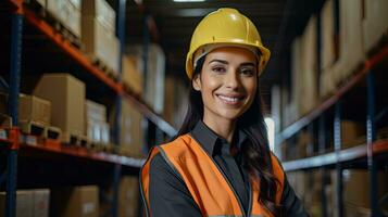 Professional female worker wearing a hard hat checks stock and inventory. Retail warehouse full of shelves photo