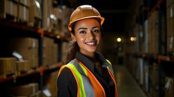 Professional female worker wearing a hard hat checks stock and inventory. Retail warehouse full of shelves photo