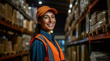 Professional female worker wearing a hard hat checks stock and inventory. Retail warehouse full of shelves photo