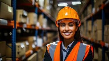 Professional female worker wearing a hard hat checks stock and inventory. Retail warehouse full of shelves photo