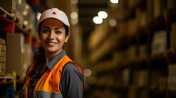 Professional female worker wearing a hard hat checks stock and inventory. Retail warehouse full of shelves photo