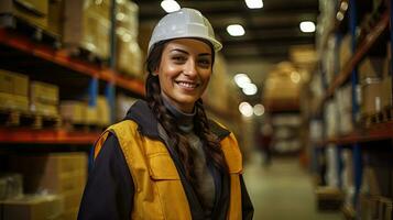 Professional female worker wearing a hard hat checks stock and inventory. Retail warehouse full of shelves photo