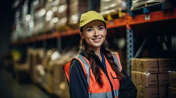 Professional female worker wearing a hard hat checks stock and inventory. Retail warehouse full of shelves photo