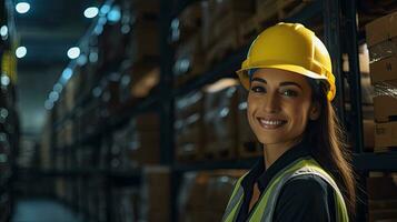 Professional female worker wearing a hard hat checks stock and inventory. Retail warehouse full of shelves photo