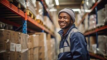 Professional female worker wearing a hard hat checks stock and inventory. Retail warehouse full of shelves photo