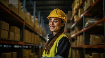 Professional female worker wearing a hard hat checks stock and inventory. Retail warehouse full of shelves photo