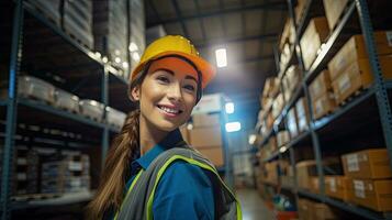 Professional female worker wearing a hard hat checks stock and inventory. Retail warehouse full of shelves photo