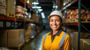 Professional female worker wearing a hard hat checks stock and inventory. Retail warehouse full of shelves photo