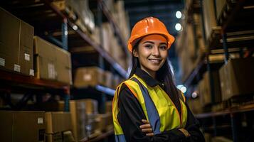 Professional female worker wearing a hard hat checks stock and inventory. Retail warehouse full of shelves photo