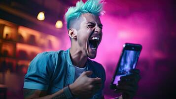 Close-up photo of a handsome multi-colored-haired man smiling widely, showing off his perfect teeth. Express your emotions in a brightly lit room The concept of people and happiness