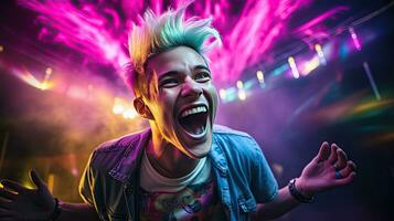 de cerca foto de un hermoso pelo multicolor hombre sonriente ampliamente, demostración apagado su Perfecto dientes. Rápido tu emociones en un brillantemente iluminado habitación el concepto de personas y felicidad