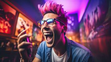 Close-up photo of a handsome multi-colored-haired man smiling widely, showing off his perfect teeth. Express your emotions in a brightly lit room The concept of people and happiness