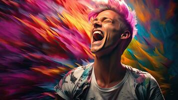 Close-up photo of a handsome multi-colored-haired man smiling widely, showing off his perfect teeth. Express your emotions in a brightly lit room The concept of people and happiness