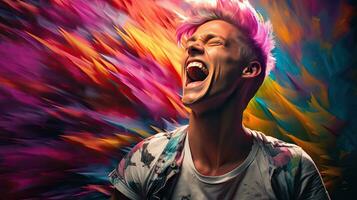 de cerca foto de un hermoso pelo multicolor hombre sonriente ampliamente, demostración apagado su Perfecto dientes. Rápido tu emociones en un brillantemente iluminado habitación el concepto de personas y felicidad