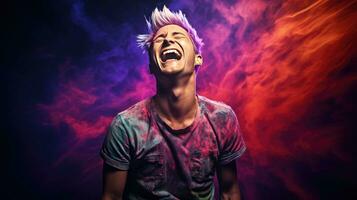 Close-up photo of a handsome multi-colored-haired man smiling widely, showing off his perfect teeth. Express your emotions in a brightly lit room The concept of people and happiness