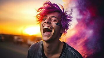 Close-up photo of a handsome multi-colored-haired man smiling widely, showing off his perfect teeth. Express your emotions in a brightly lit room The concept of people and happiness