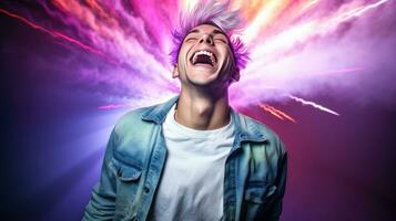 Close-up photo of a handsome multi-colored-haired man smiling widely, showing off his perfect teeth. Express your emotions in a brightly lit room The concept of people and happiness