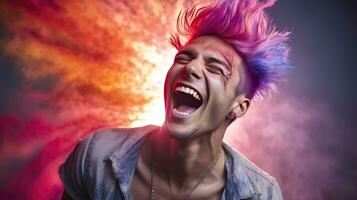 Close-up photo of a handsome multi-colored-haired man smiling widely, showing off his perfect teeth. Express your emotions in a brightly lit room The concept of people and happiness