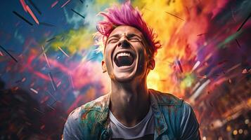 Close-up photo of a handsome multi-colored-haired man smiling widely, showing off his perfect teeth. Express your emotions in a brightly lit room The concept of people and happiness