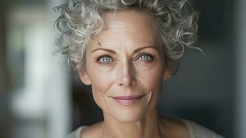 Beautiful middle-aged woman in her 50s looking at the camera Beautiful face, good health, cosmetics, skin care photo