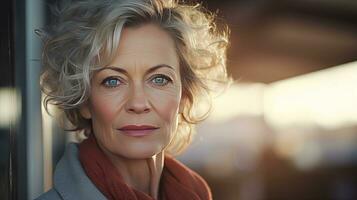 Beautiful middle-aged woman in her 50s looking at the camera Beautiful face, good health, cosmetics, skin care photo