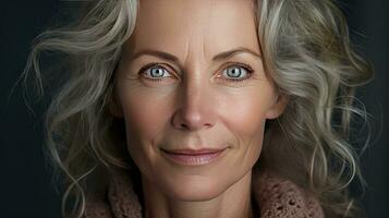 Beautiful middle-aged woman in her 50s looking at the camera Beautiful face, good health, cosmetics, skin care photo