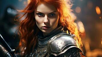 Beautiful female warrior in medieval metal armor with sword. Fairy tale stories about warriors, movie tone photo