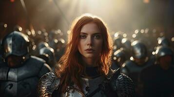 Beautiful female warrior in medieval metal armor with sword. Fairy tale stories about warriors, movie tone photo