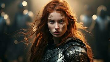 Beautiful female warrior in medieval metal armor with sword. Fairy tale stories about warriors, movie tone photo