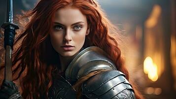 Beautiful female warrior in medieval metal armor with sword. Fairy tale stories about warriors, movie tone photo