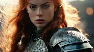 Beautiful female warrior in medieval metal armor with sword. Fairy tale stories about warriors, movie tone photo