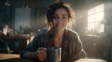 Woman drinking coffee at home with sunrise shining through the window photo