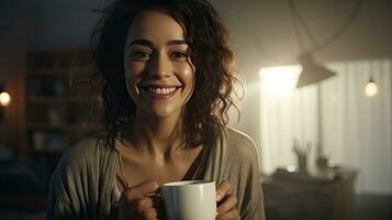 Woman drinking coffee at home with sunrise shining through the window photo