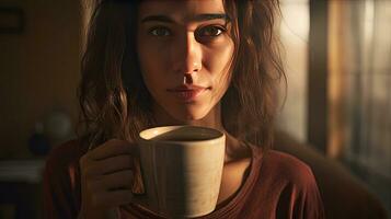 mujer Bebiendo café a hogar con amanecer brillante mediante el ventana foto