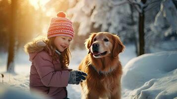 Woman in sheepskin coat and hat with golden retriever dog in snowy forest in winter photo