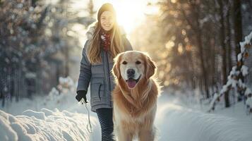 Woman in sheepskin coat and hat with golden retriever dog in snowy forest in winter photo