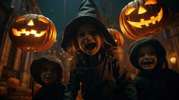 Group of children dressed up for Halloween, 3 children having fun on Halloween photo