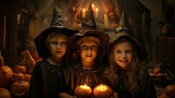 Group of children dressed up for Halloween, 3 children having fun on Halloween photo