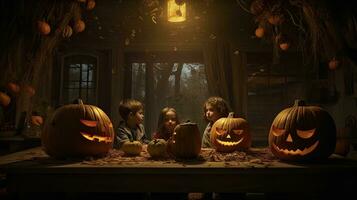 Group of children dressed up for Halloween, 3 children having fun on Halloween photo
