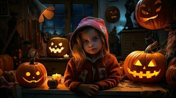 Group of children dressed up for Halloween, 3 children having fun on Halloween photo