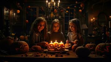 Group of children dressed up for Halloween, 3 children having fun on Halloween photo