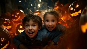 Group of children dressed up for Halloween, 3 children having fun on Halloween photo