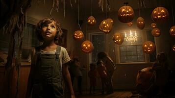 Group of children dressed up for Halloween, 3 children having fun on Halloween photo